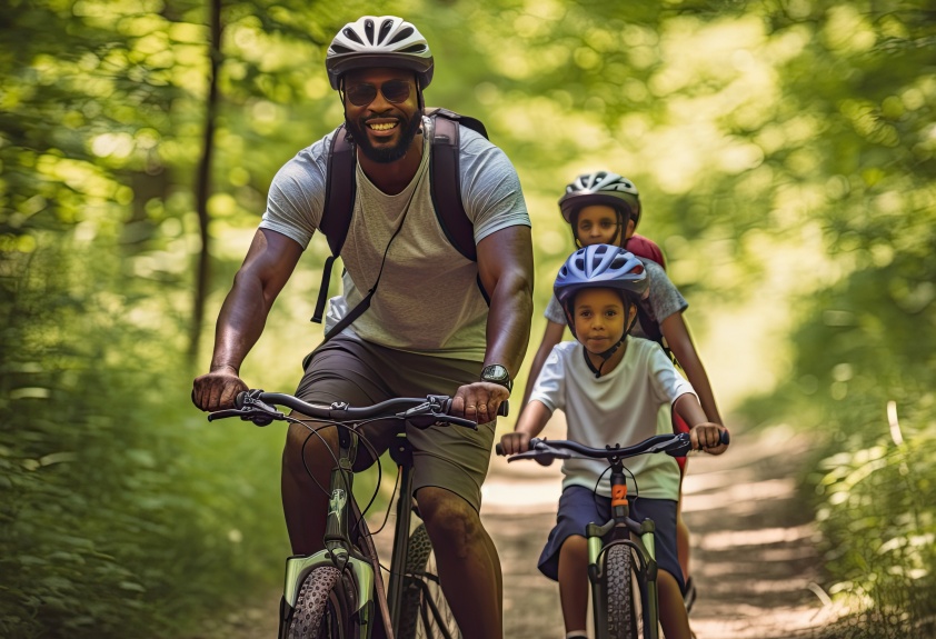 Man and Two Children Riding Bikes on a Trail, Father Day