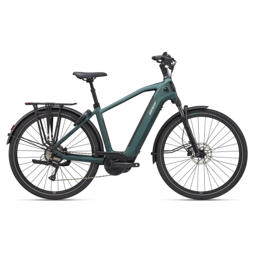 Zijaanzicht van de Giant NewTour E+ 3 DD elektrische trekkingfiets met naadloos geïntegreerde accu en sportief derailleursysteem.