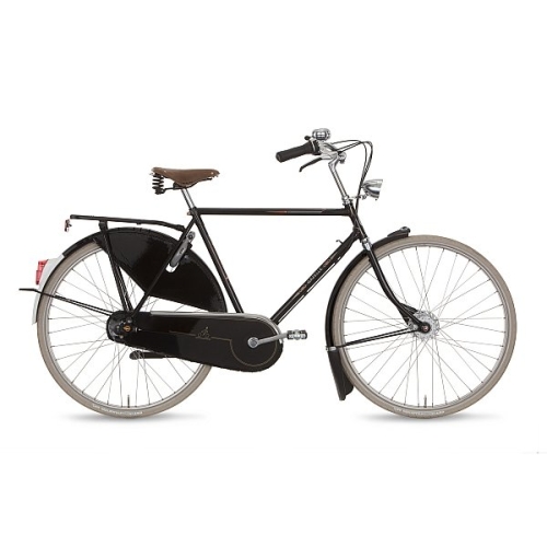 Zijaanzicht van de klassieke Gazelle Tour Populair C8 met stalen frame, Brooks zadel en lakdoek kettingkast.