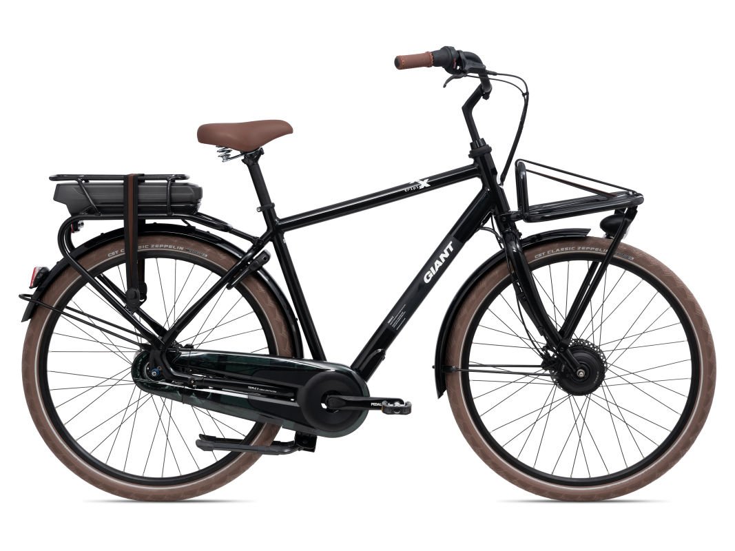 Vooraanzicht van de Giant Triple X E+ 1 elektrische transportfiets met voordrager en dubbele standaard.