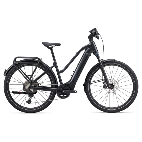 Zijaanzicht van de Giant Explore E+ Pro 0 (2023) elektrische trekkingfiets met geïntegreerde 800Wh accu, luchtgeveerde voorvork en krachtige middenmotor.